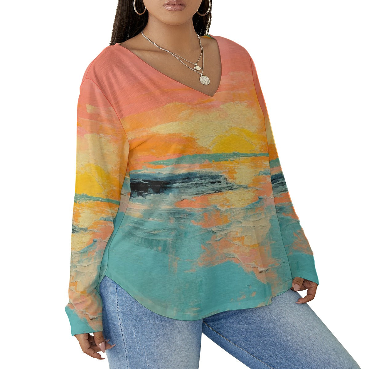 All-Over Print Women's V-neck T-shirt With Curved Hem(Plus Size)