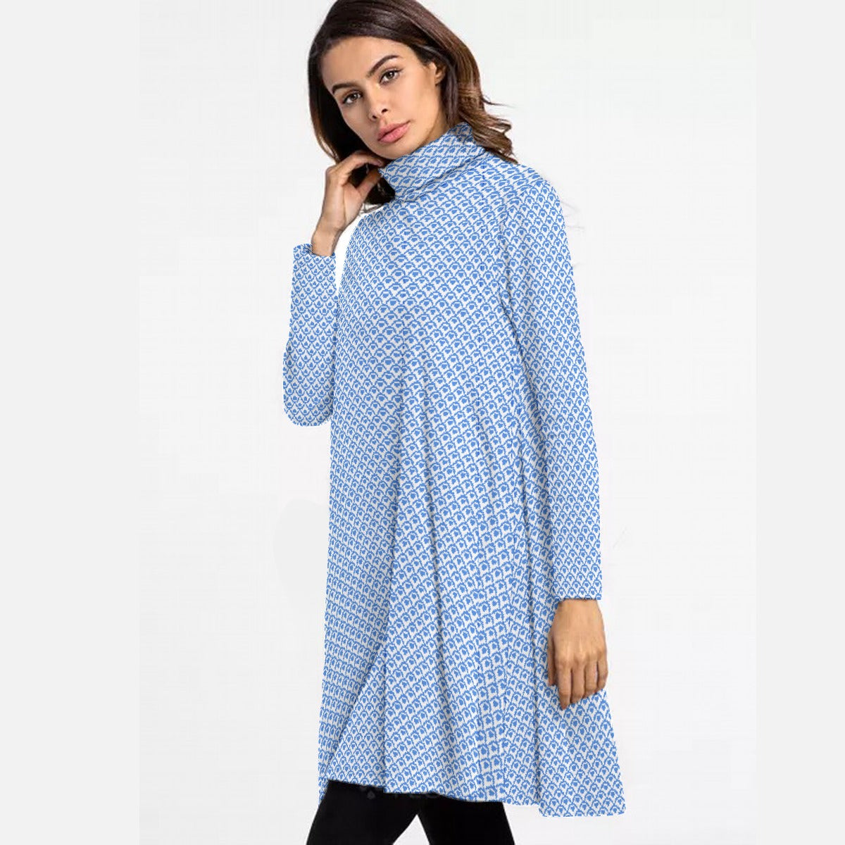 All-Over Print Women's High Neck Dress With Long Sleeve