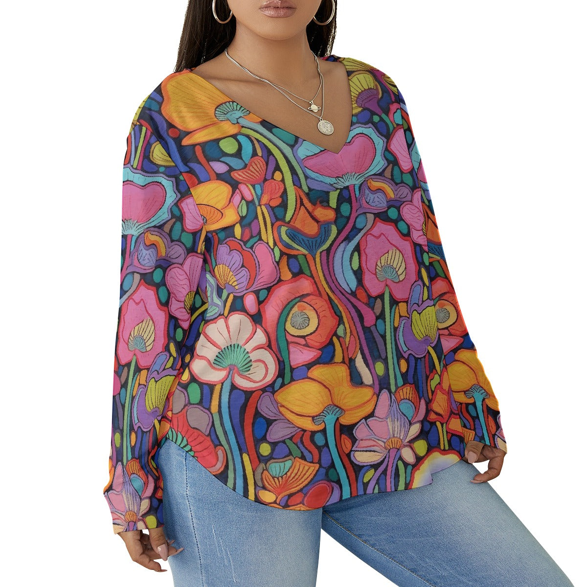 All-Over Print Women's V-neck T-shirt With Curved Hem(Plus Size)