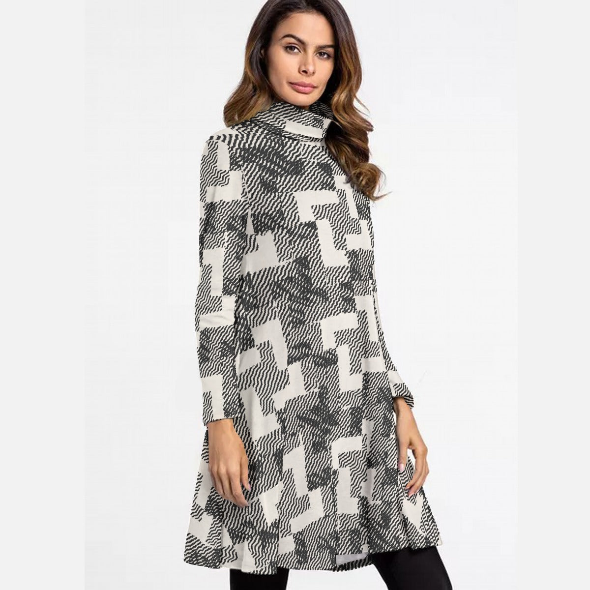 All-Over Print Women's High Neck Dress With Long Sleeve