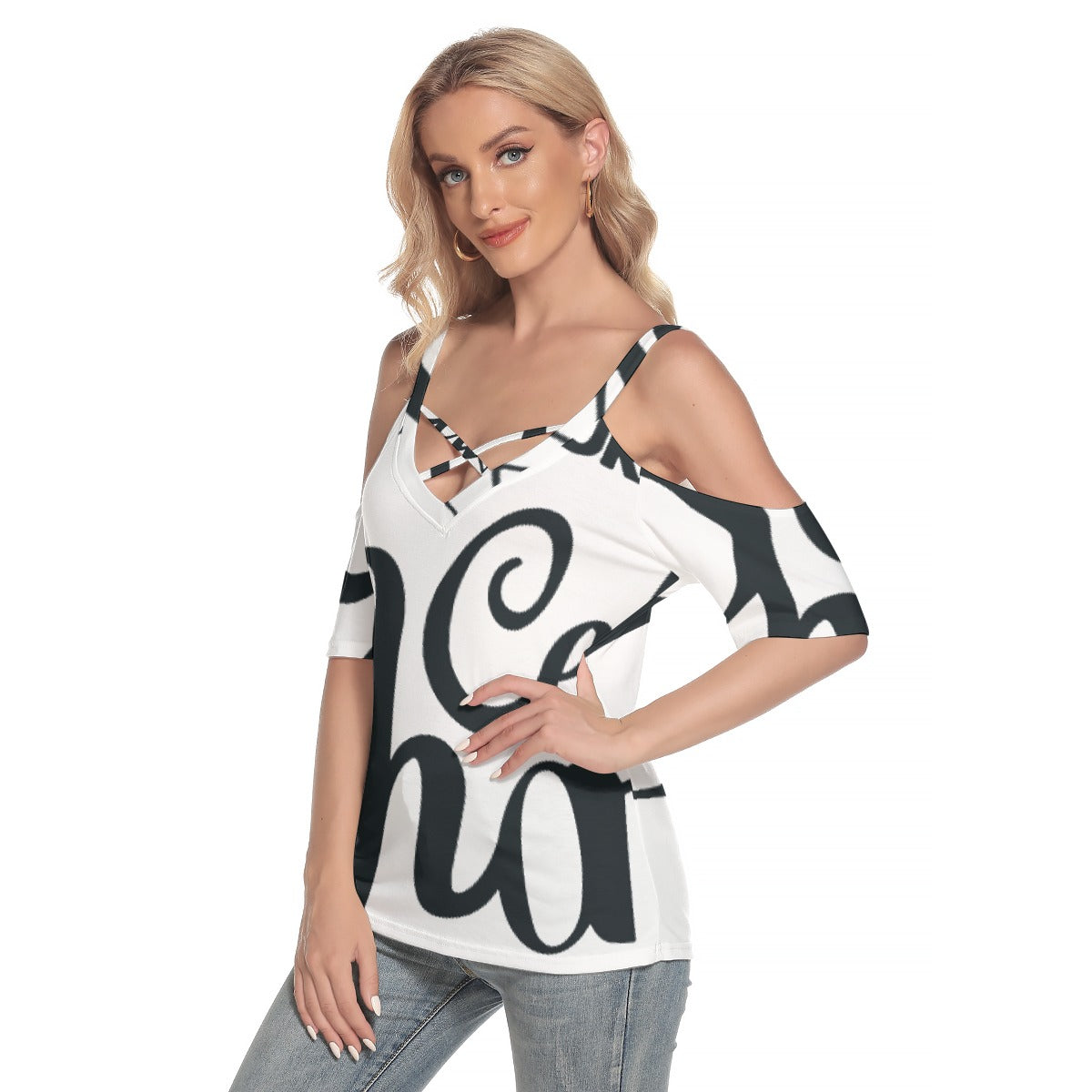 All-Over Print Women's Cold Shoulder T-shirt With Criss Cross Strips