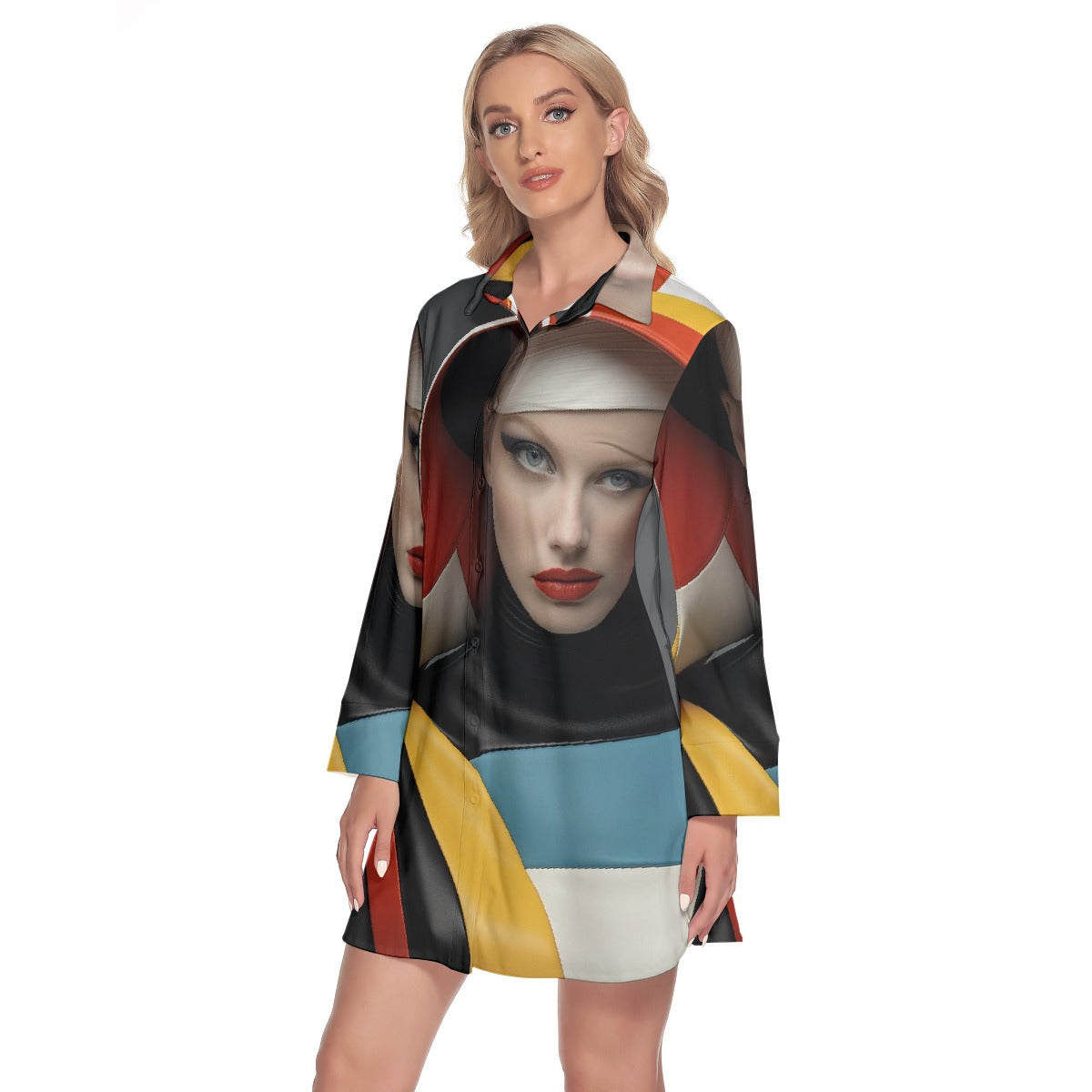 All-Over Print Women's Lapel Shirt Dress With Long Sleeve