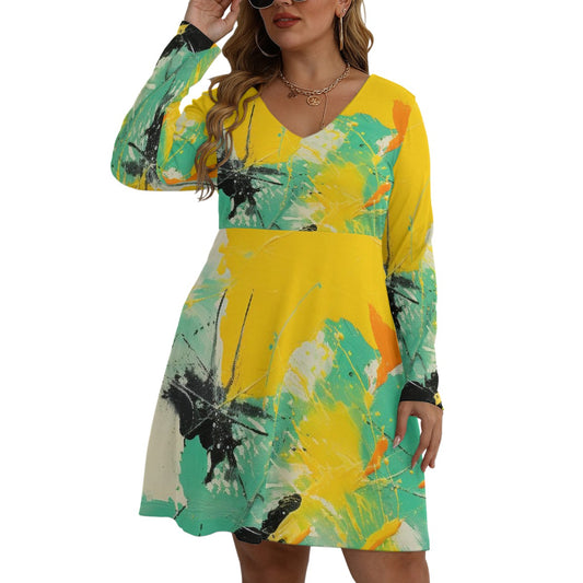 All-Over Print Women's V-neck Long Sleeve Dress(Plus Size)