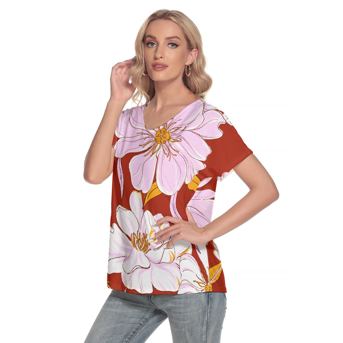 All-Over Print Women's Loose V-neck Short Sleeve T-shirt