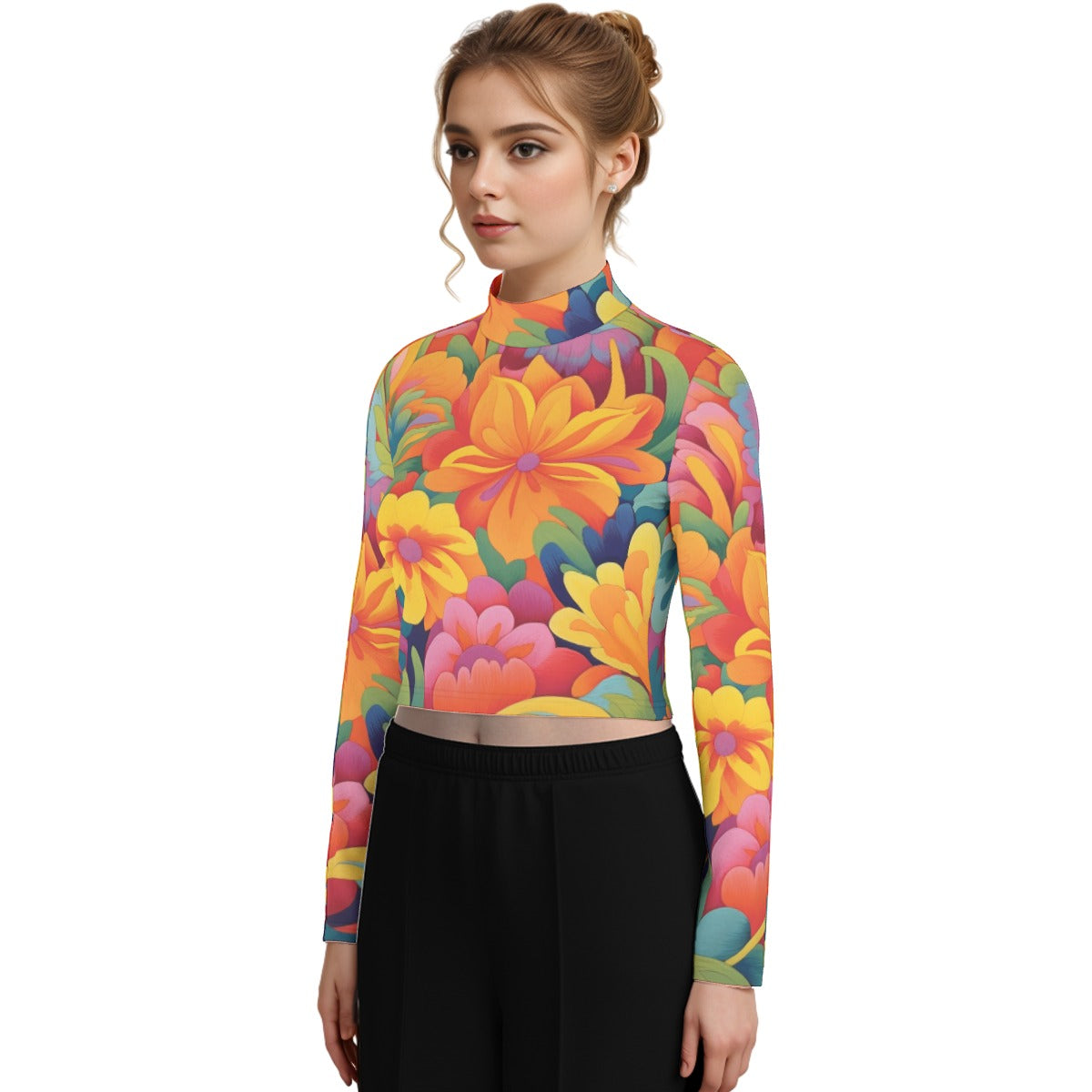 Eco-Friendly All-Over Print Women's Turtleneck T-shirt With Long Sleeve