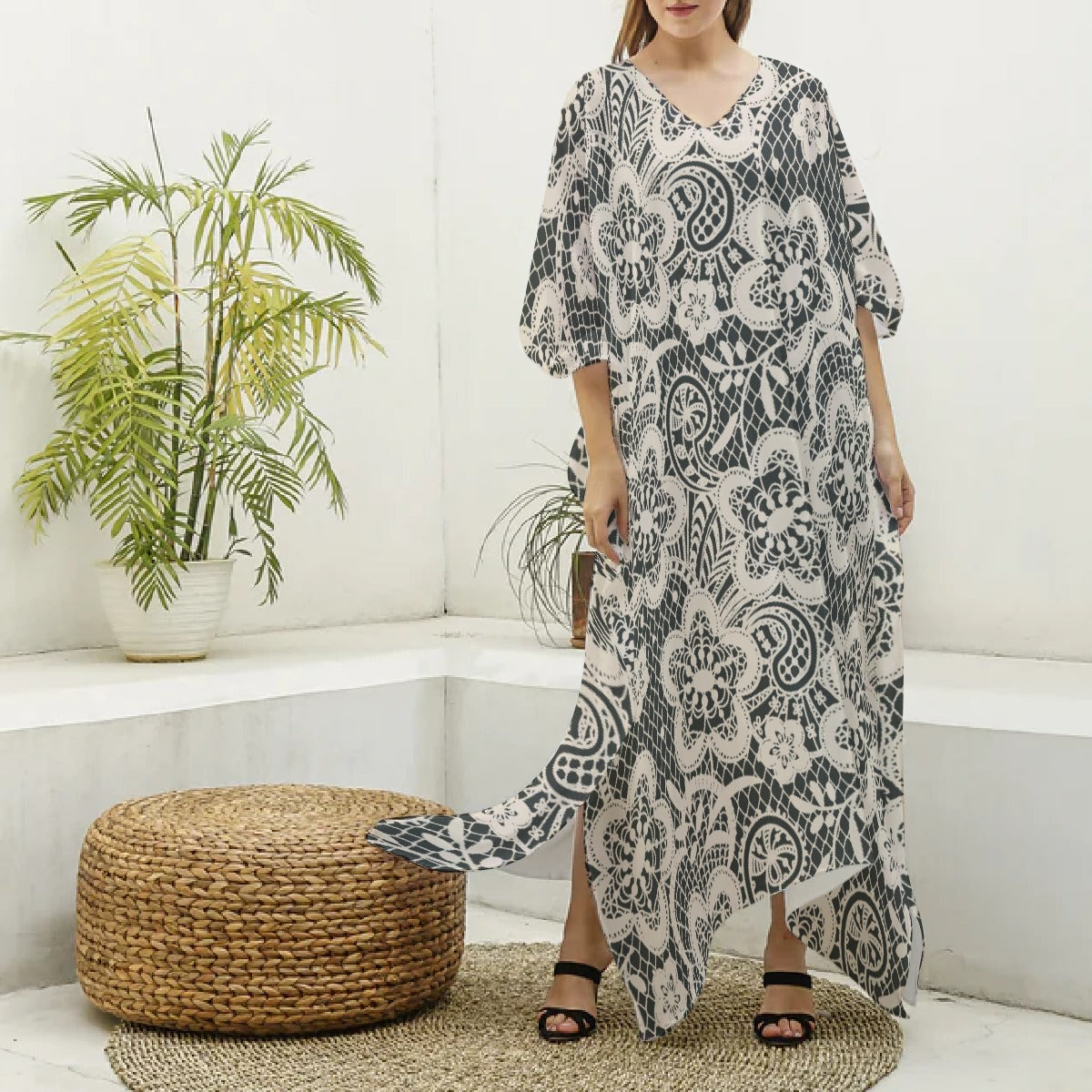 All-Over Print Women's Imitation Silk V-neck Kaftan Robe