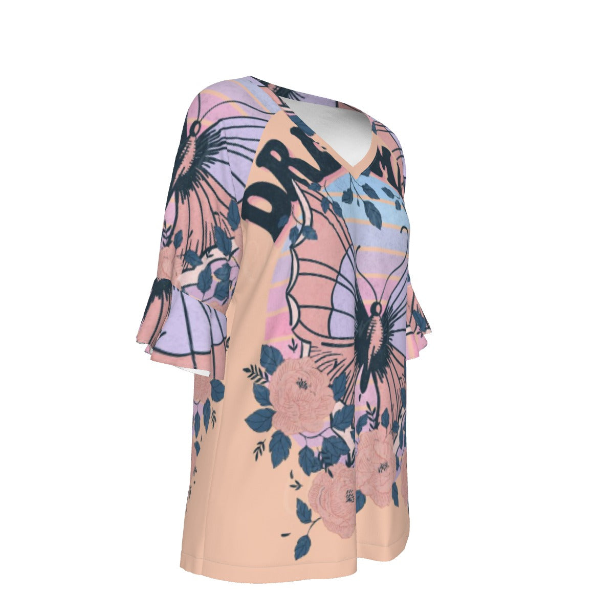 All-Over Print V-neck Women's T-shirt With Bell Sleeve