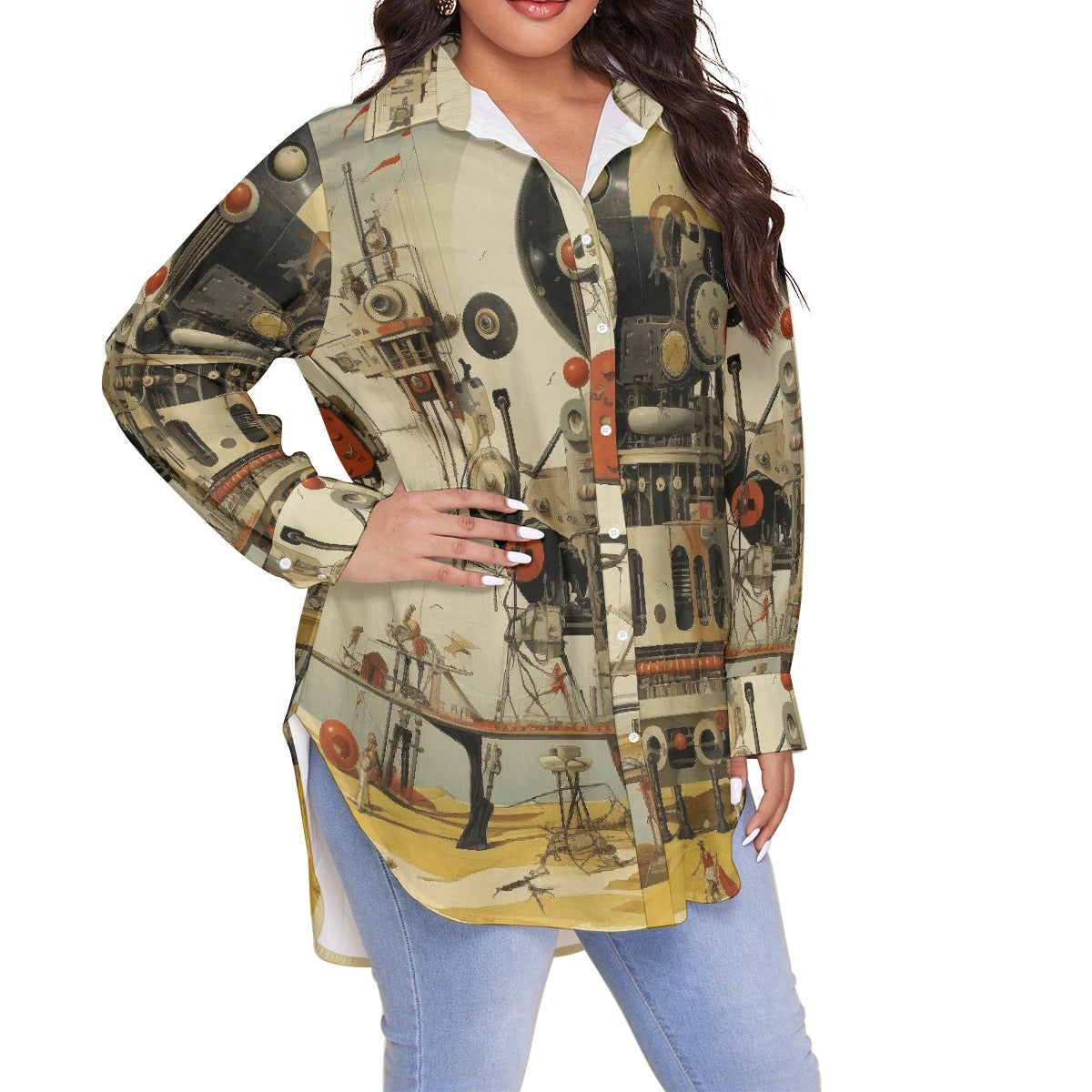 All-Over Print Women's Shirt With Long Sleeve(Plus Size)