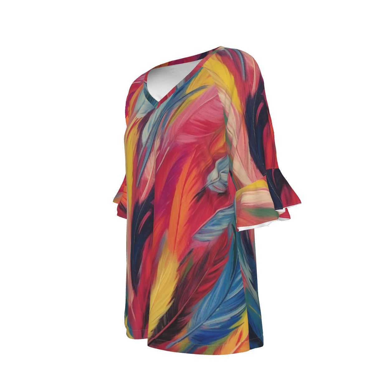 All-Over Print V-neck Women's T-shirt With Bell Sleeve