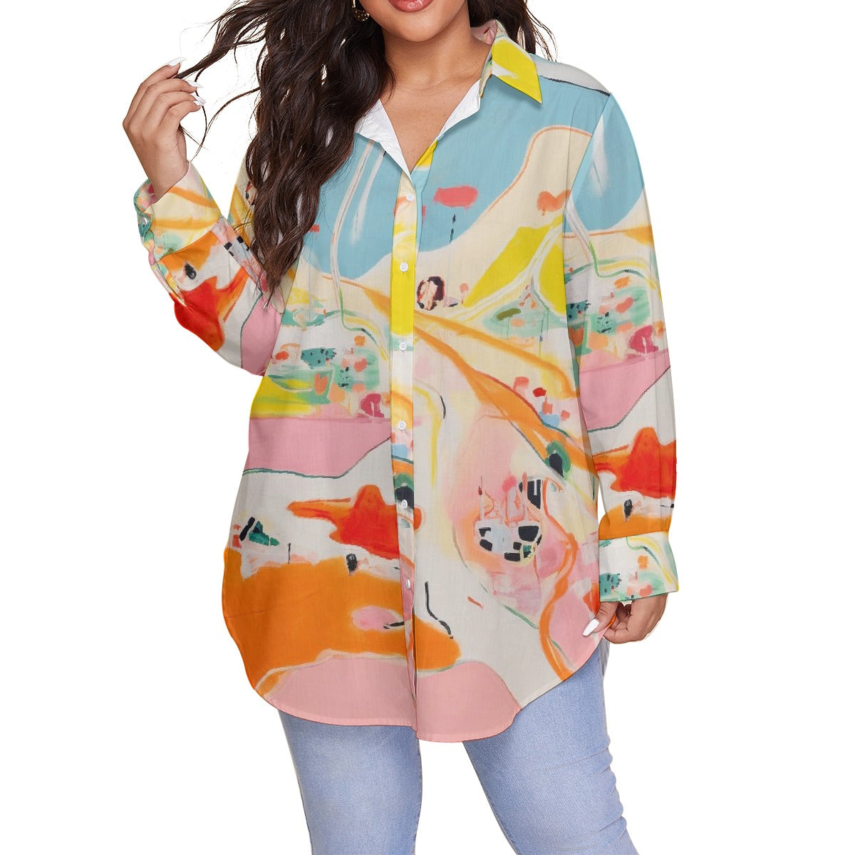 All-Over Print Women's Shirt With Long Sleeve(Plus Size)