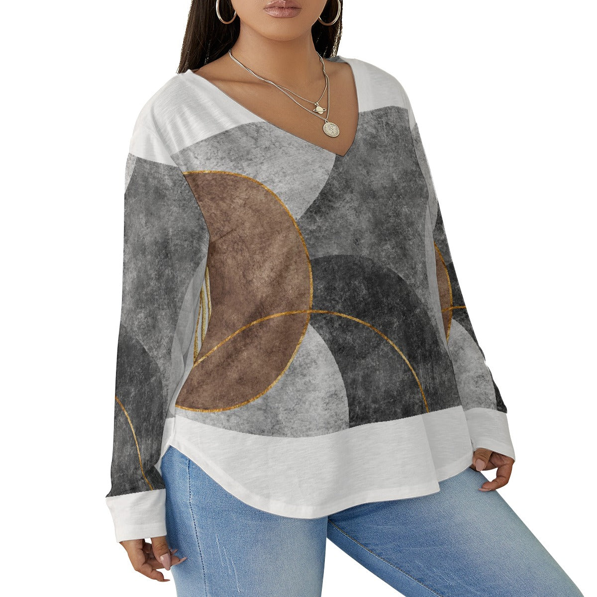 All-Over Print Women's V-neck T-shirt With Curved Hem(Plus Size)