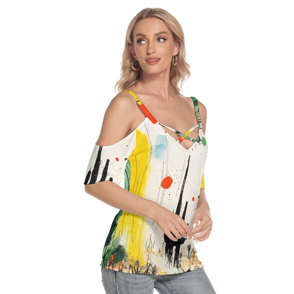 All-Over Print Women's Cold Shoulder T-shirt With Criss Cross Strips