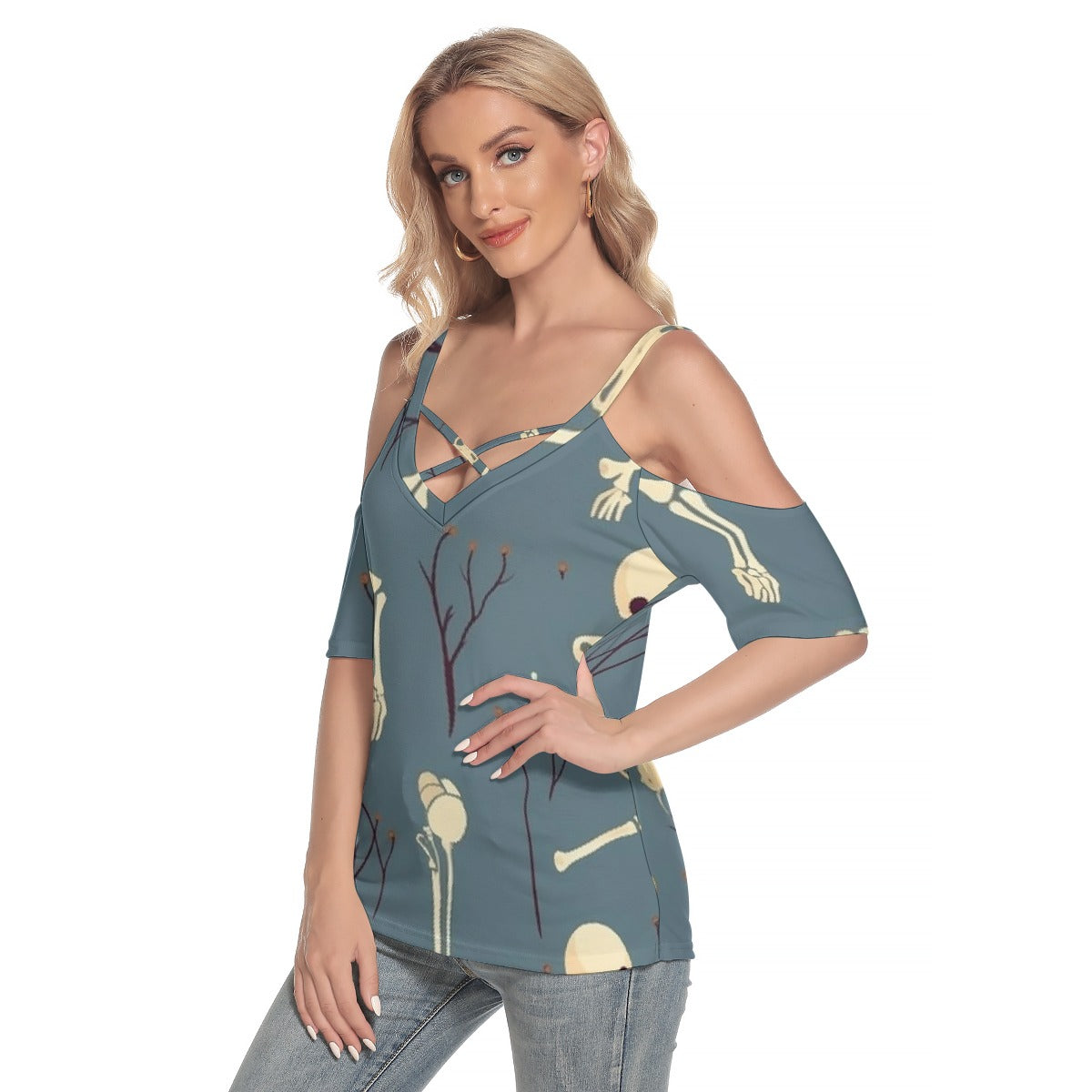 All-Over Print Women's Cold Shoulder T-shirt With Criss Cross Strips