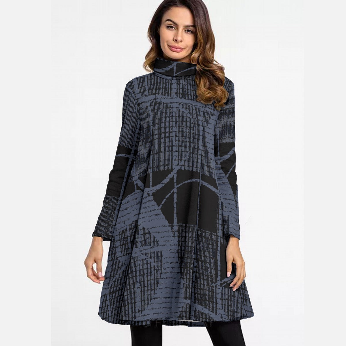 All-Over Print Women's High Neck Dress With Long Sleeve