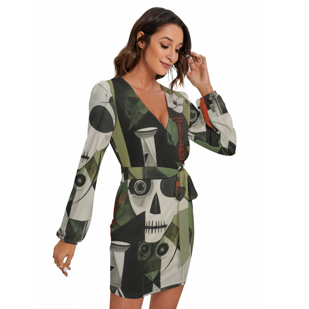 All-Over Print Women's Long Sleeve Dress With Waist Belt