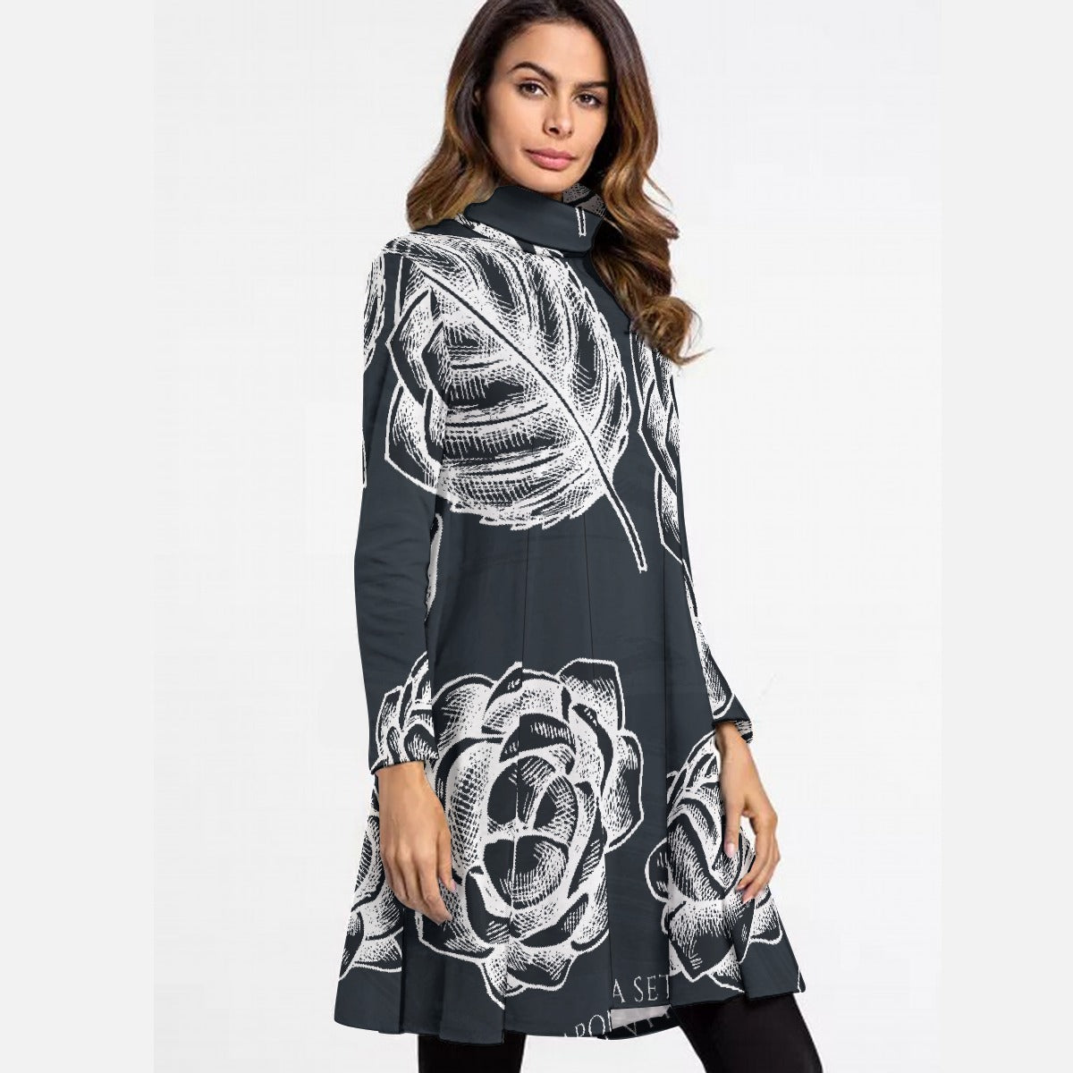 All-Over Print Women's High Neck Dress With Long Sleeve