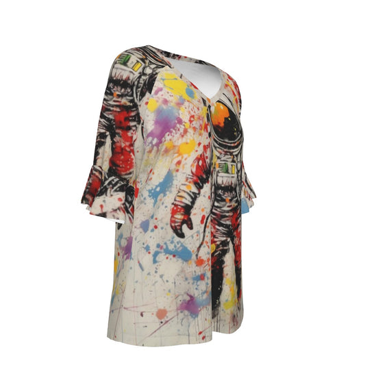 All-Over Print V-neck Women's T-shirt With Bell Sleeve