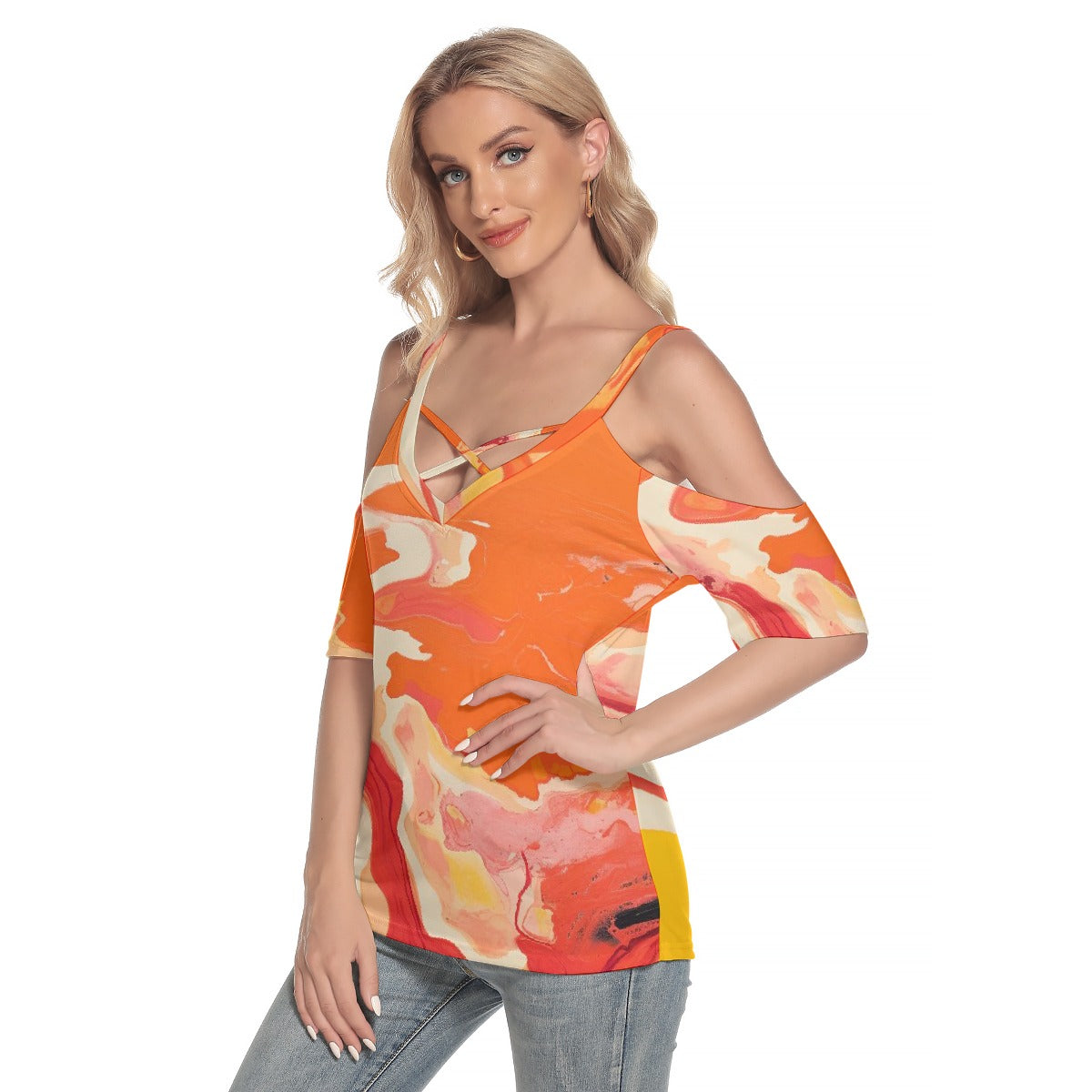 All-Over Print Women's Cold Shoulder T-shirt With Criss Cross Strips