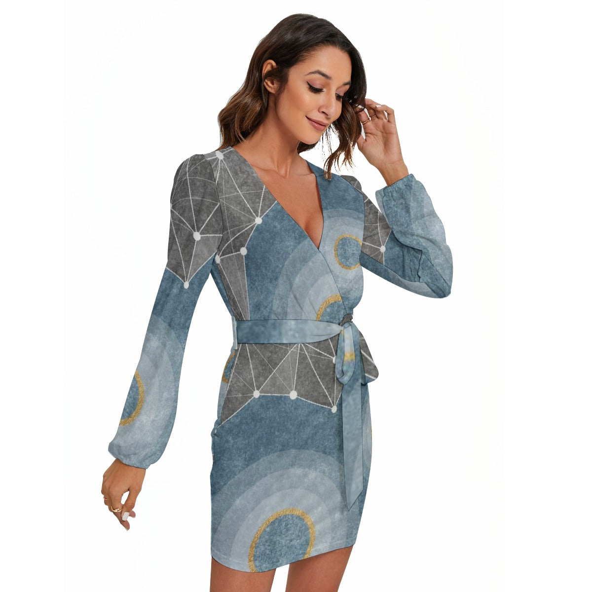 All-Over Print Women's Long Sleeve Dress With Waist Belt