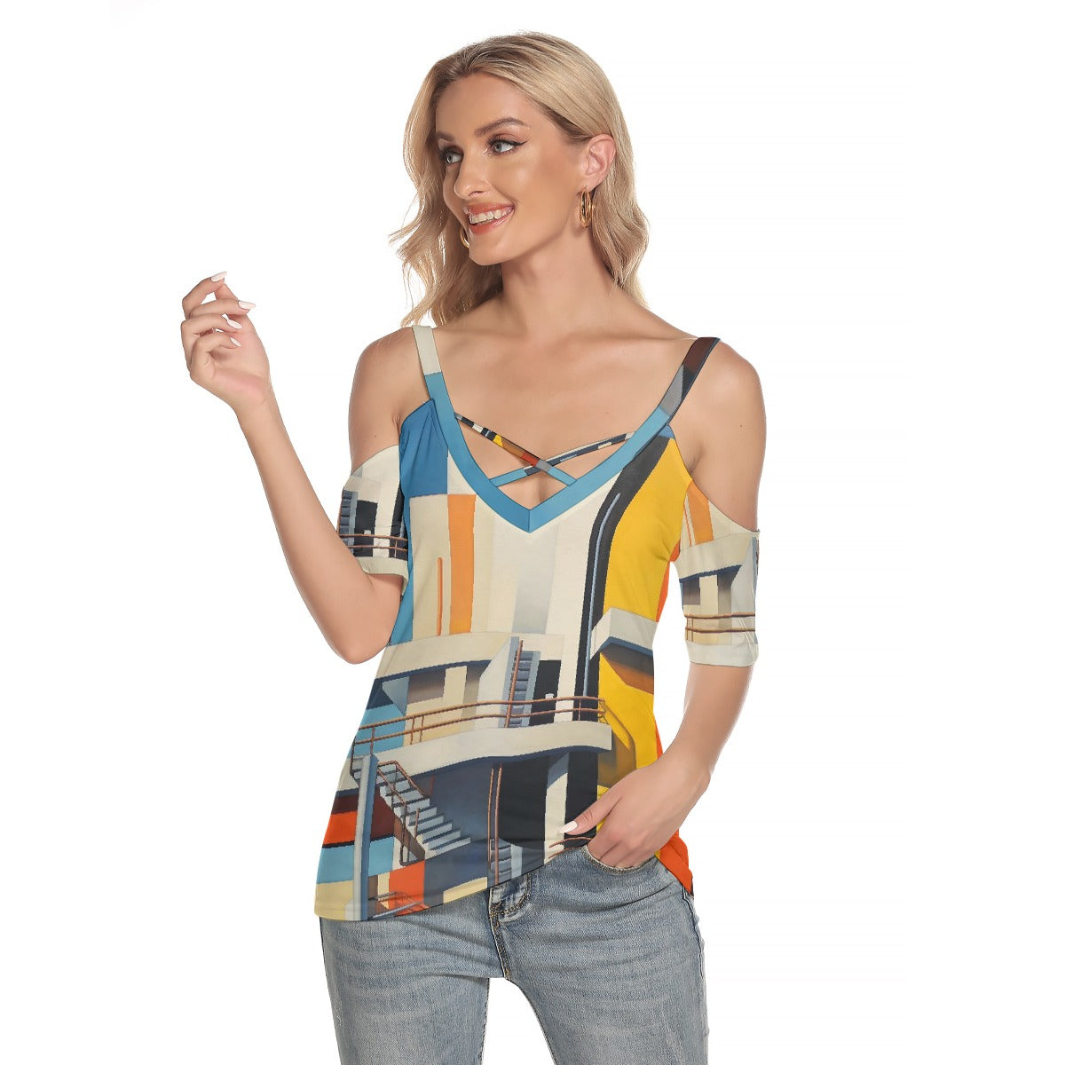 All-Over Print Women's Cold Shoulder T-shirt With Criss Cross Strips