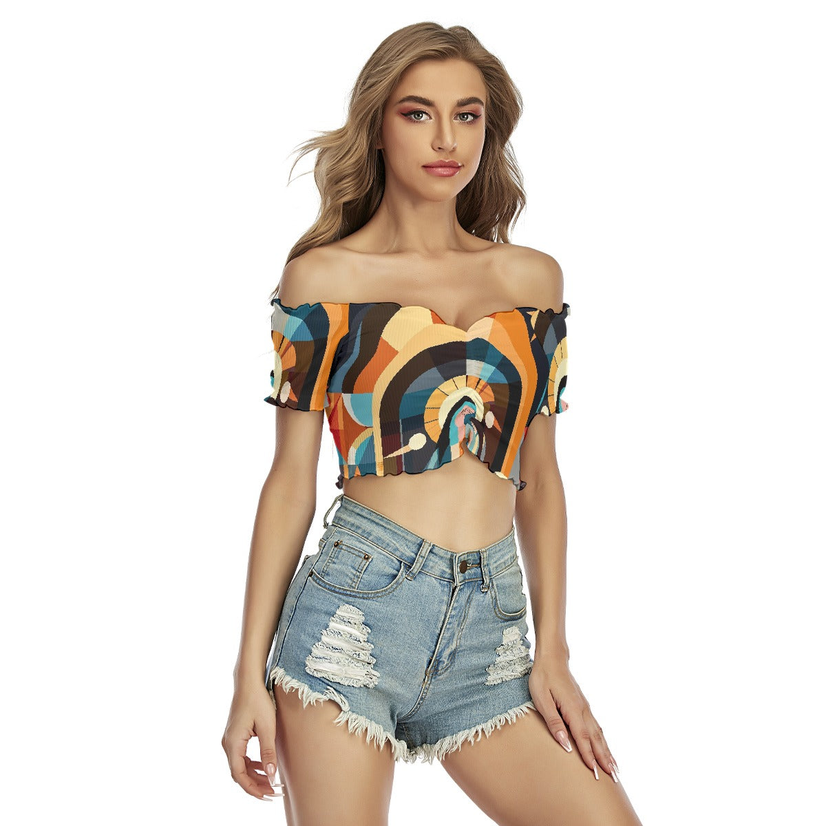 All-Over Print Women's One-shoulder Off-the-navel Short Sleeve T-shirt