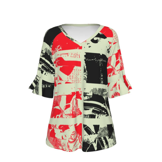 All-Over Print V-neck Women's T-shirt With Bell Sleeve