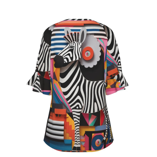 All-Over Print V-neck Women's T-shirt With Bell Sleeve