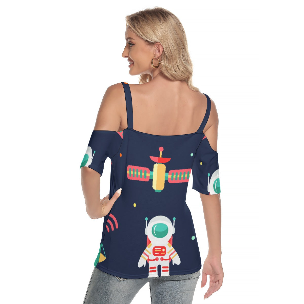 All-Over Print Women's Cold Shoulder T-shirt With Criss Cross Strips