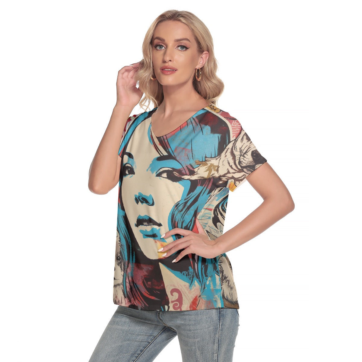 All-Over Print Women's Loose V-neck Short Sleeve T-shirt