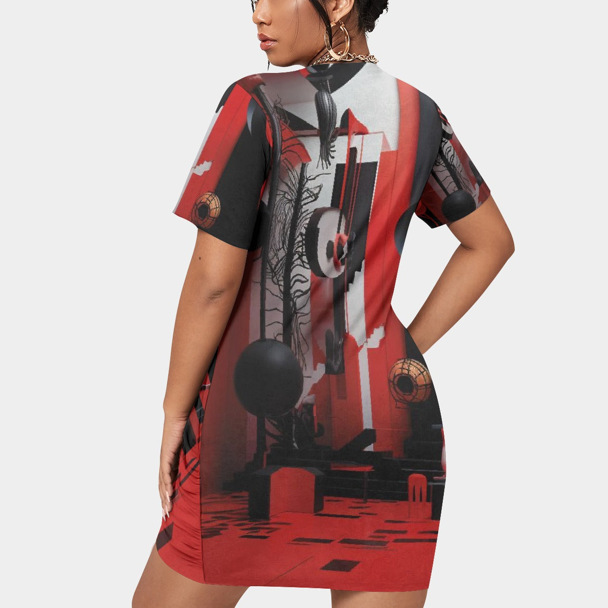 All-Over Print Women’s Stacked Hem Dress With Short Sleeve（Plus Size）