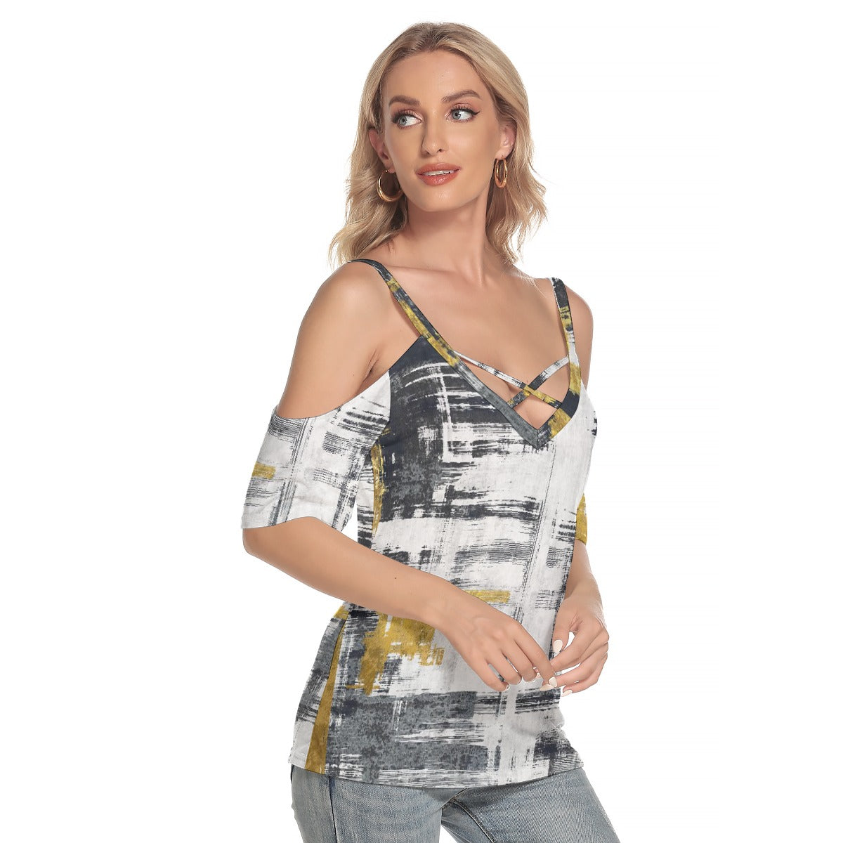 All-Over Print Women's Cold Shoulder T-shirt With Criss Cross Strips