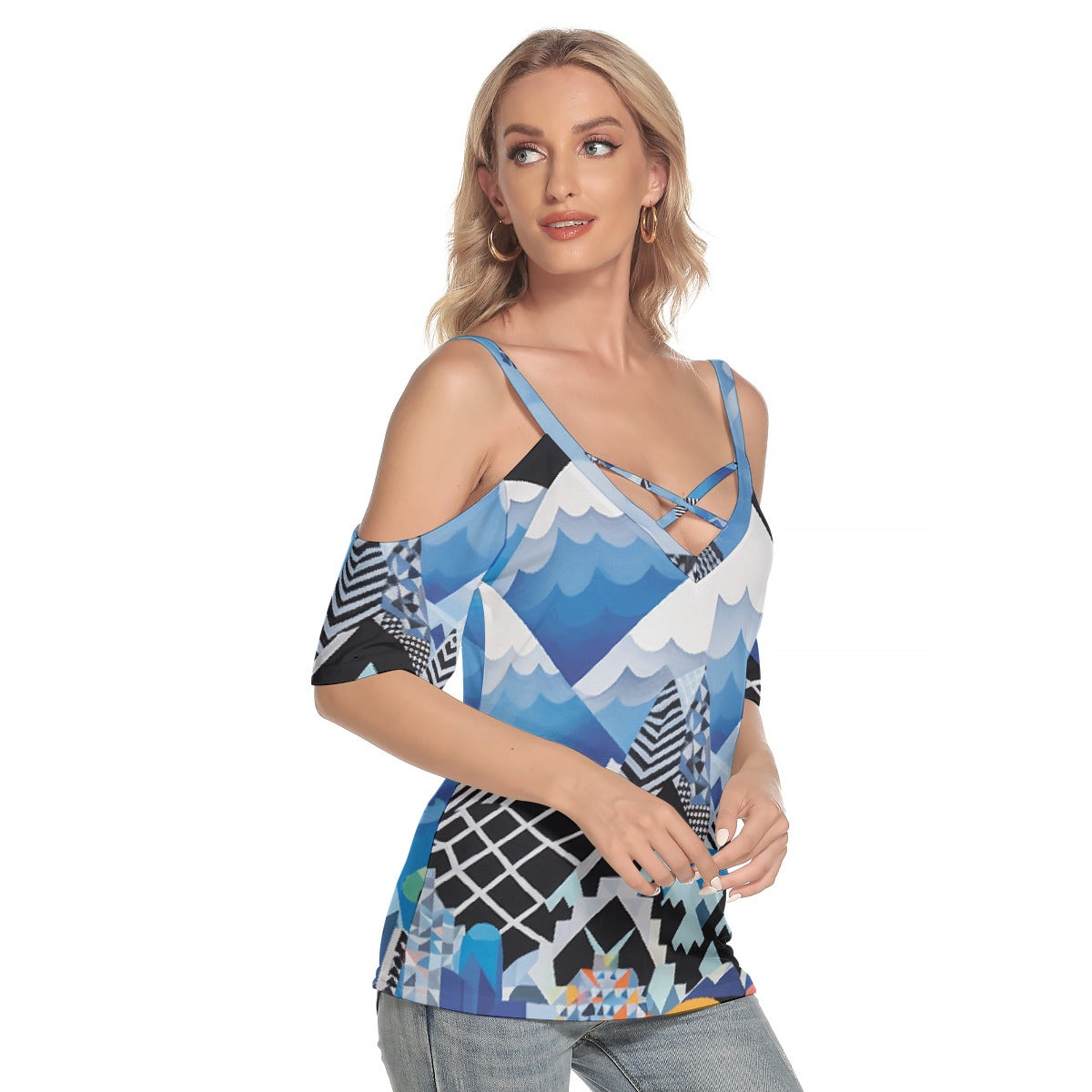 All-Over Print Women's Cold Shoulder T-shirt With Criss Cross Strips