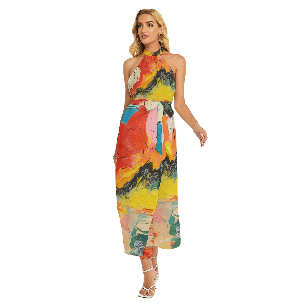 All-Over Print Women's Wrap Hem Belted Halter Dress