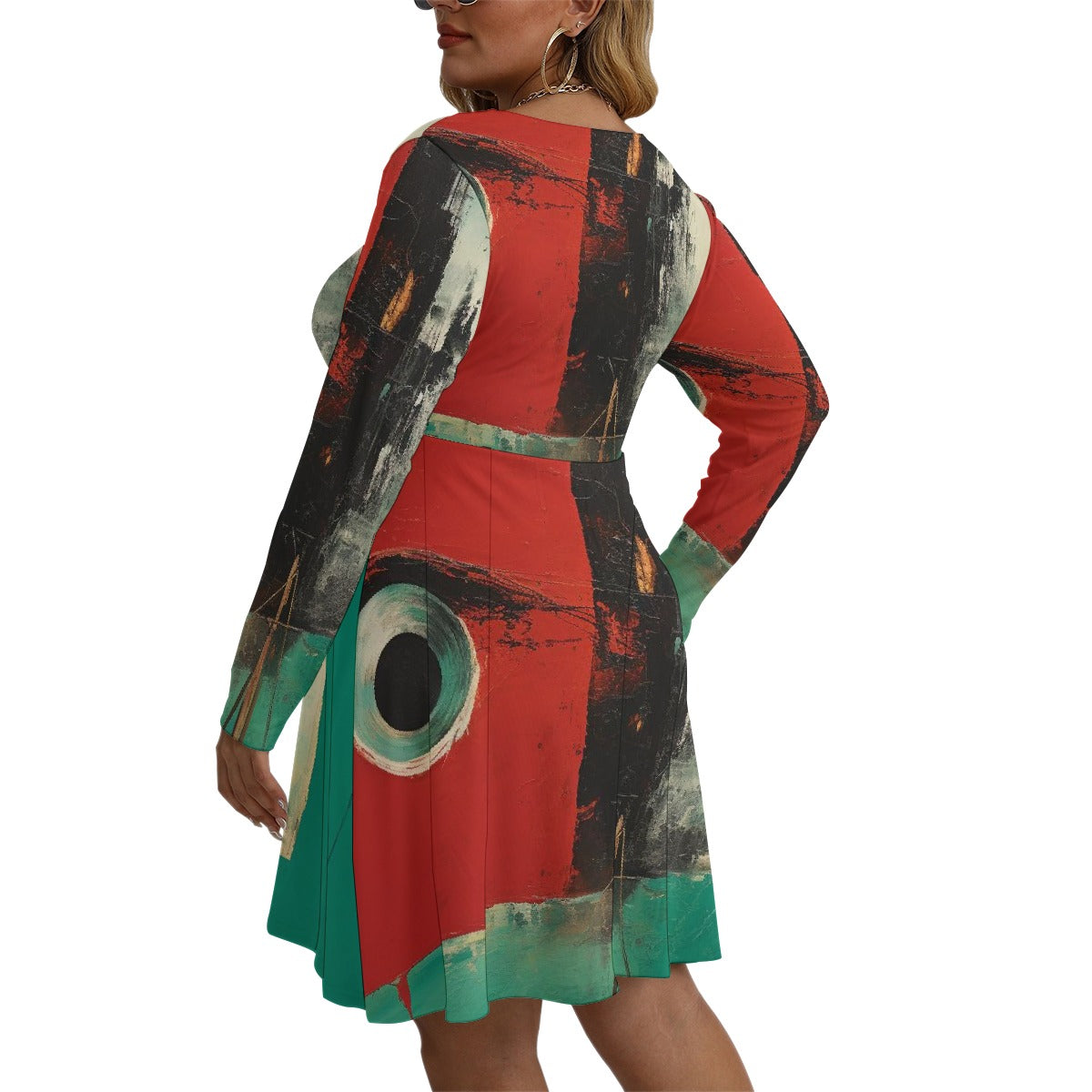 All-Over Print Women's V-neck Long Sleeve Dress(Plus Size)