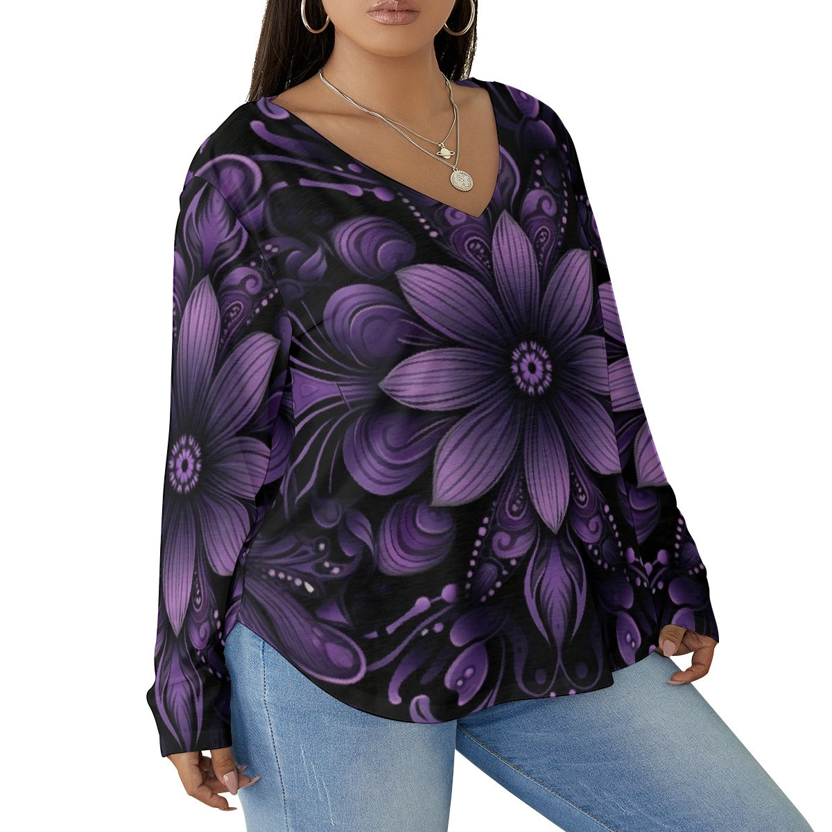 All-Over Print Women's V-neck T-shirt With Curved Hem(Plus Size)