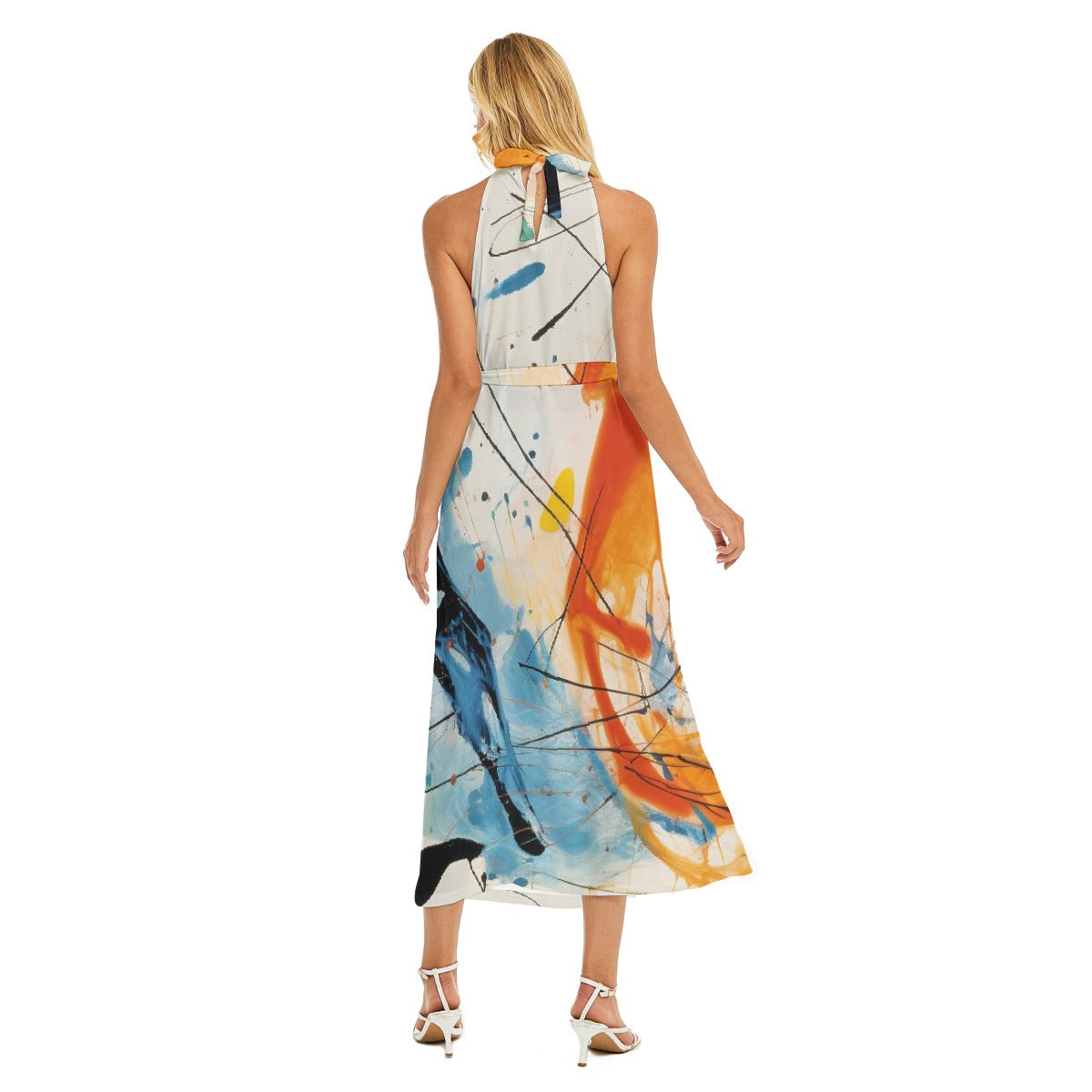 All-Over Print Women's Wrap Hem Belted Halter Dress