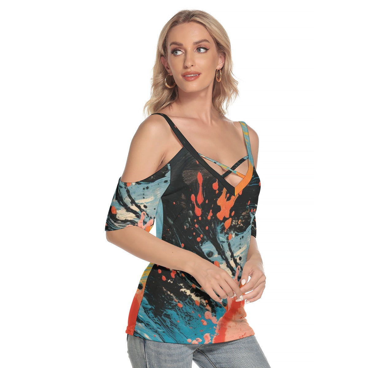 All-Over Print Women's Cold Shoulder T-shirt With Criss Cross Strips