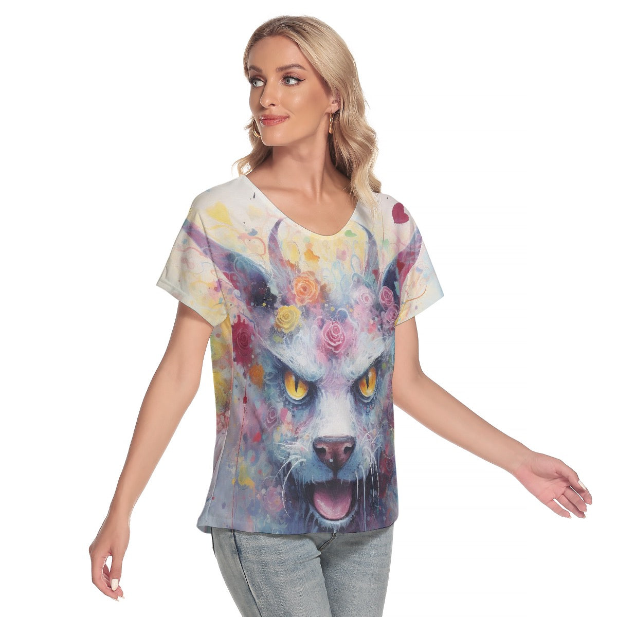 All-Over Print Women's Loose V-neck Short Sleeve T-shirt