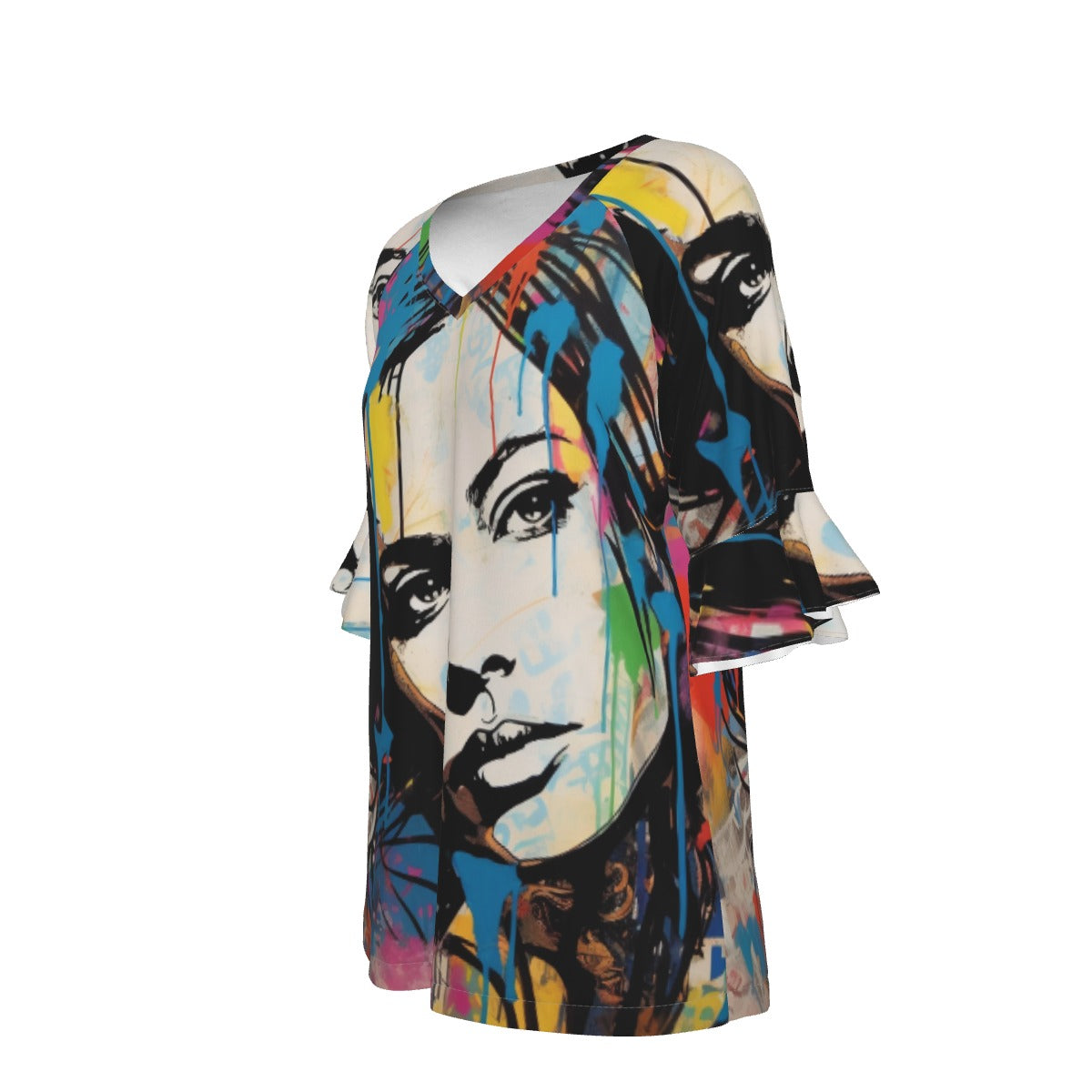 All-Over Print V-neck Women's T-shirt With Bell Sleeve