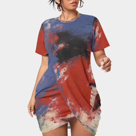 All-Over Print Women’s Stacked Hem Dress With Short Sleeve（Plus Size）