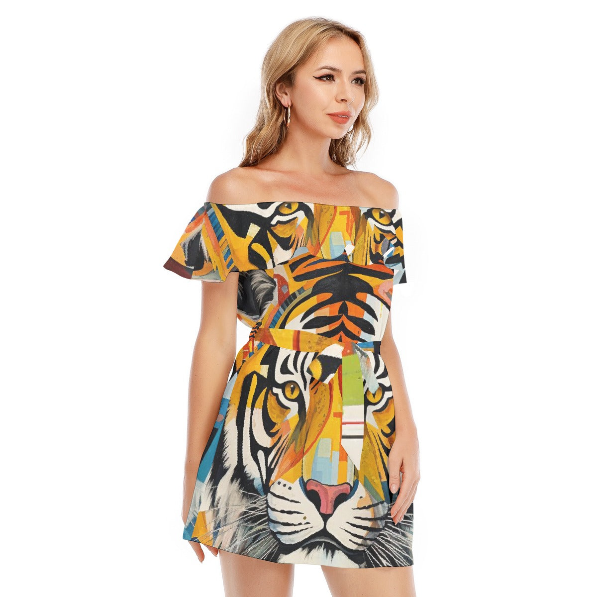 All-Over Print Women's Off-shoulder Dress With Ruffle