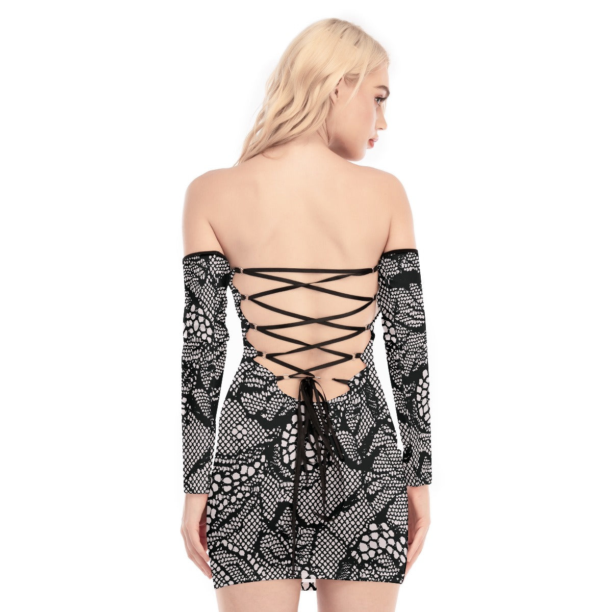 All-Over Print Women's Off-shoulder Back Lace-up Dress