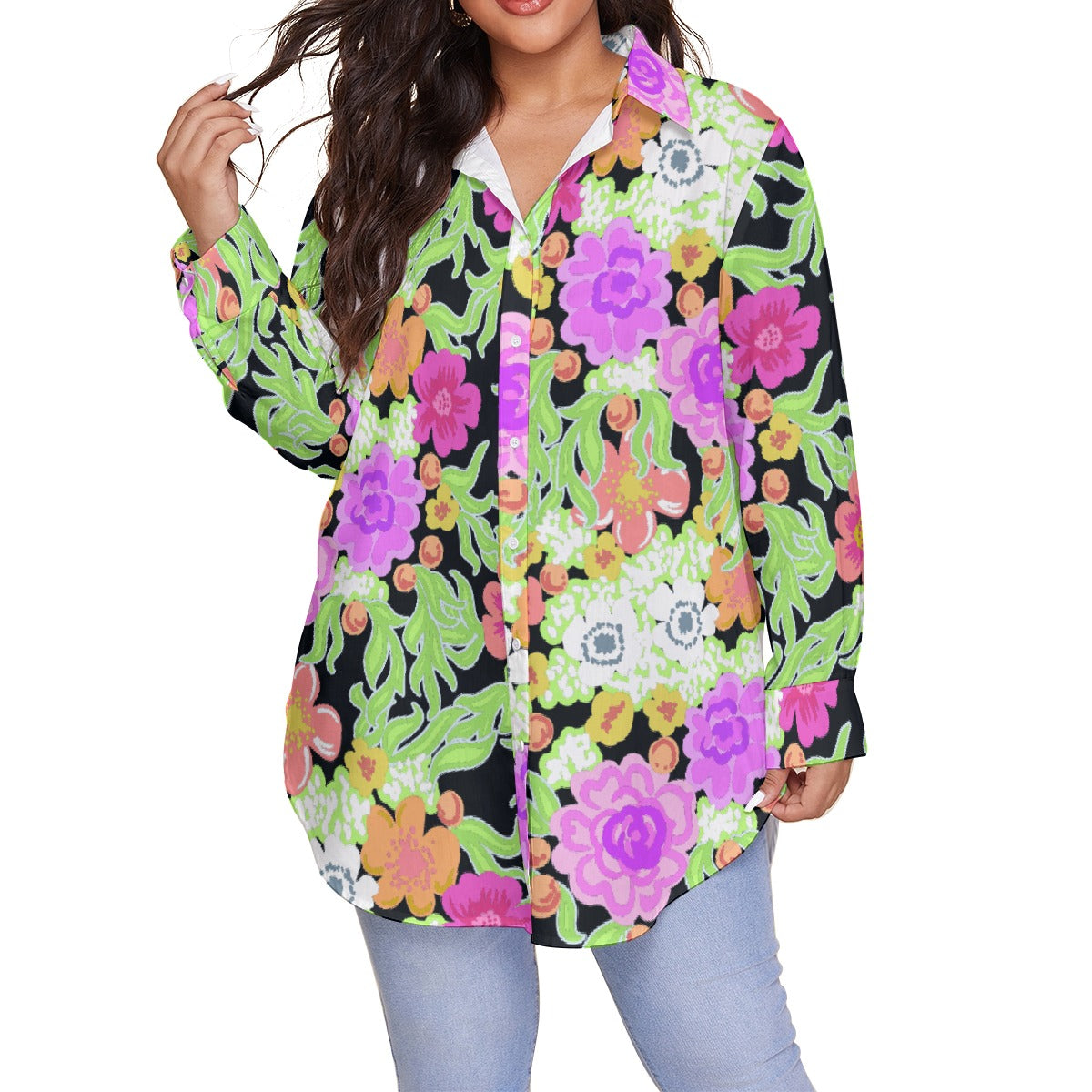 All-Over Print Women's Shirt With Long Sleeve(Plus Size)