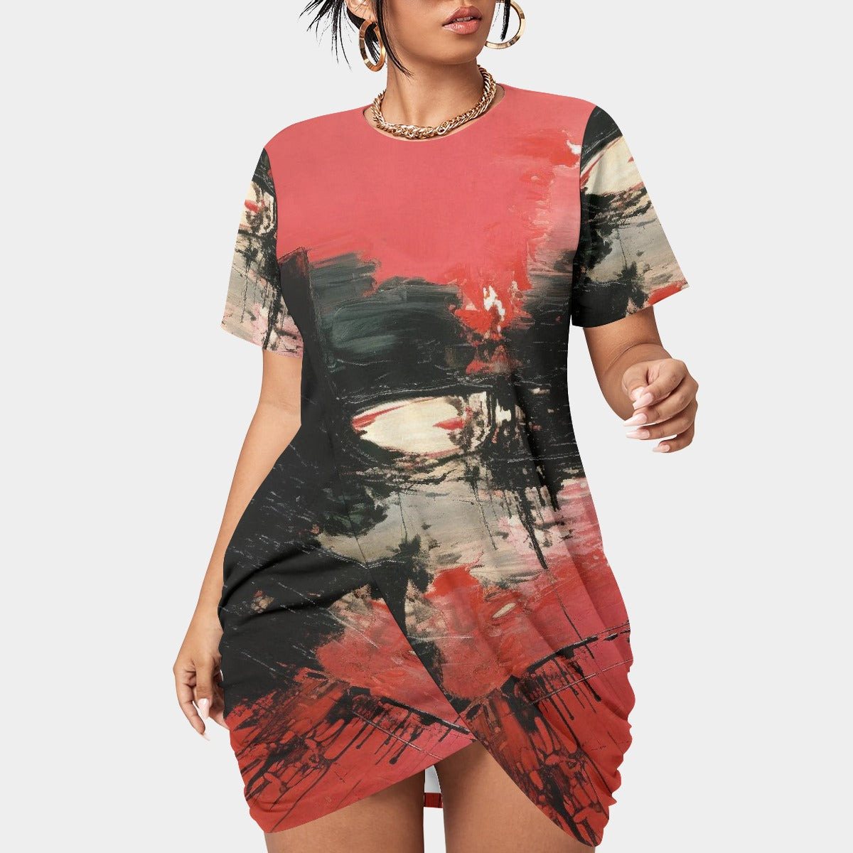 All-Over Print Women’s Stacked Hem Dress With Short Sleeve（Plus Size）