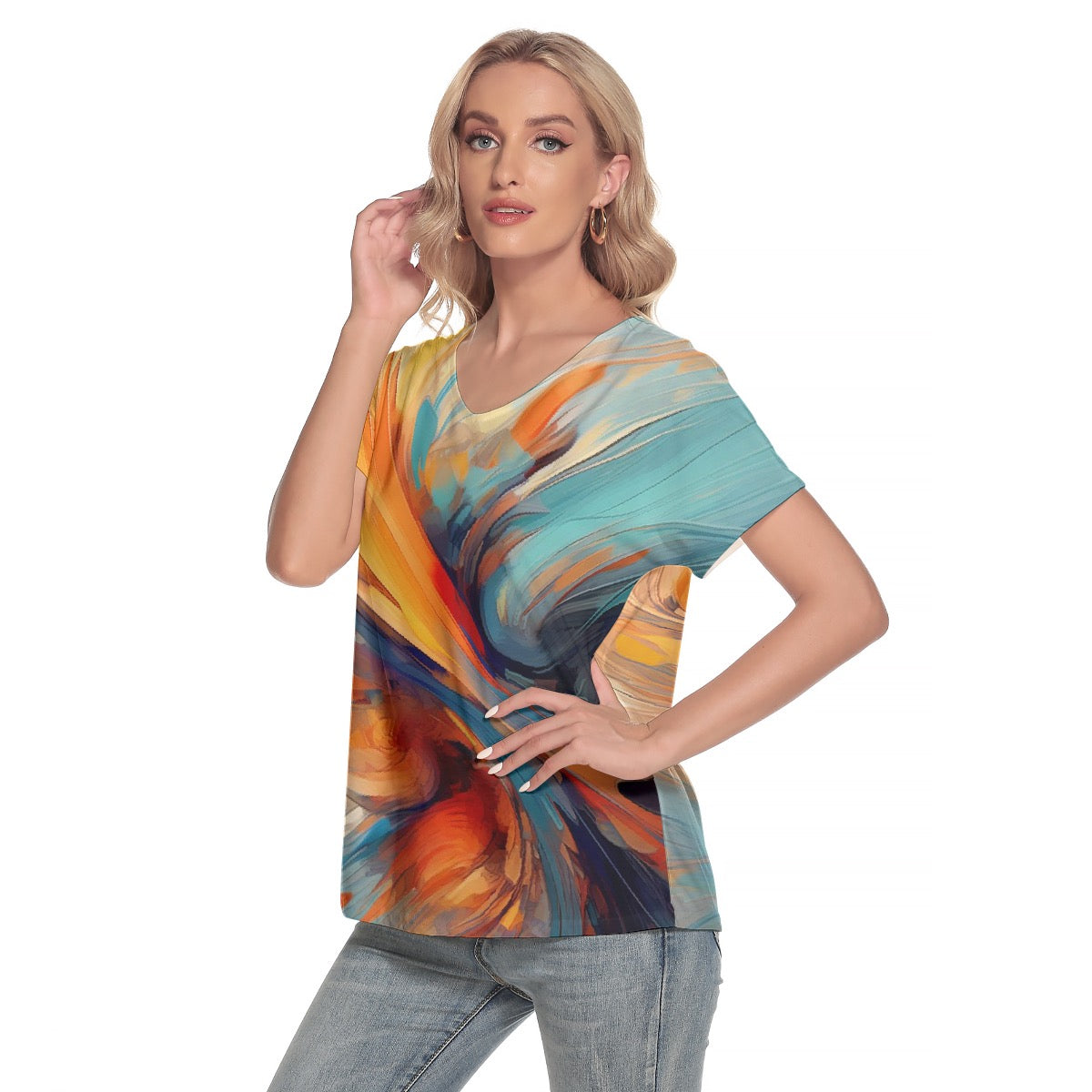 All-Over Print Women's Loose V-neck Short Sleeve T-shirt