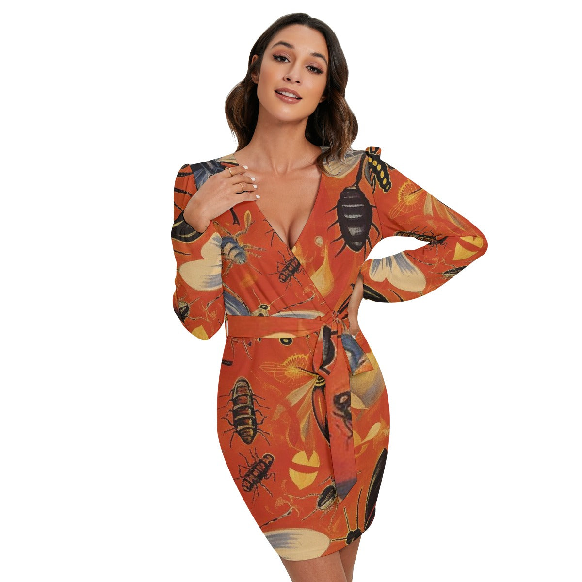 All-Over Print Women's Long Sleeve Dress With Waist Belt