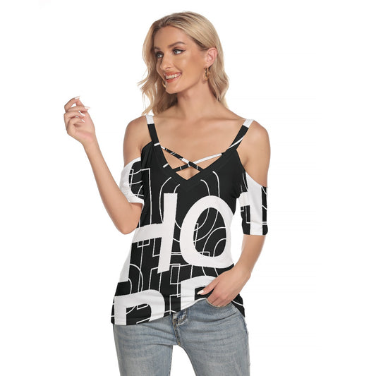 All-Over Print Women's Cold Shoulder T-shirt With Criss Cross Strips