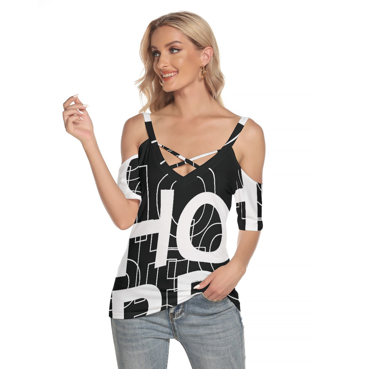 All-Over Print Women's Cold Shoulder T-shirt With Criss Cross Strips