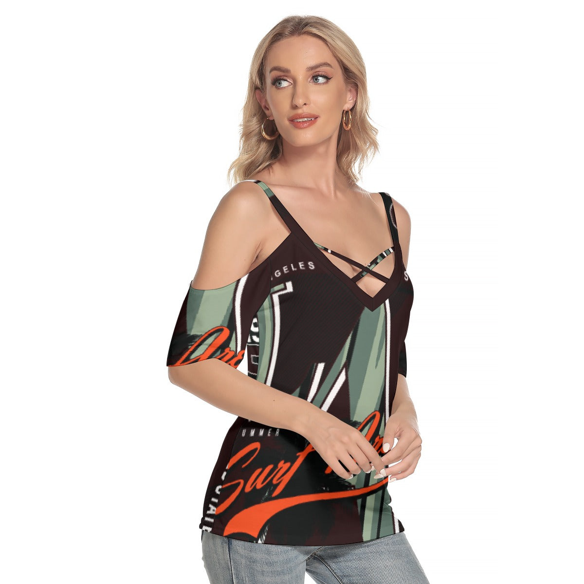 All-Over Print Women's Cold Shoulder T-shirt With Criss Cross Strips