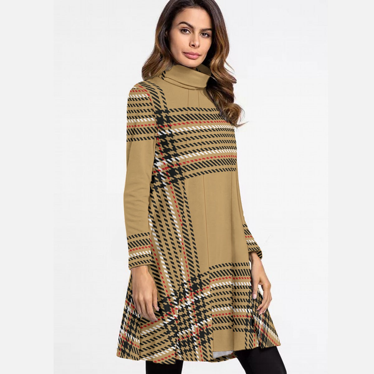 All-Over Print Women's High Neck Dress With Long Sleeve